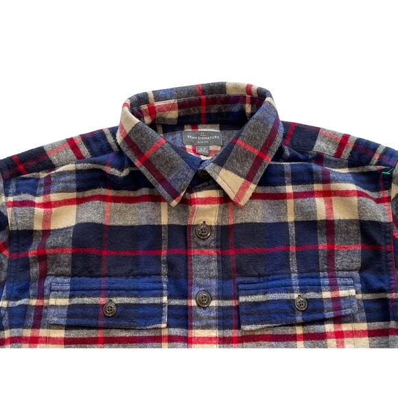 LL Bean Signature Cotton Flannel Shirt Blue, Red Plaid Slim Fit, Size LT - Picture 2 of 11